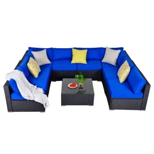 9 Piece Conversation Sofa Set, with Coffee Table, Navy Blue Cushions