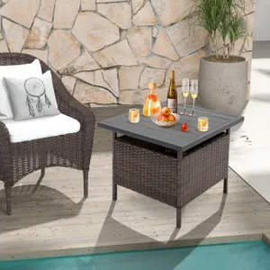 Patio Square Wicker Side Table with Umbrella Hole for Yard Garden Poolside